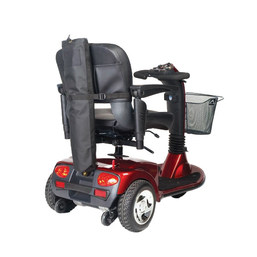 Golden Crutch Holder on the back of a power wheelchair