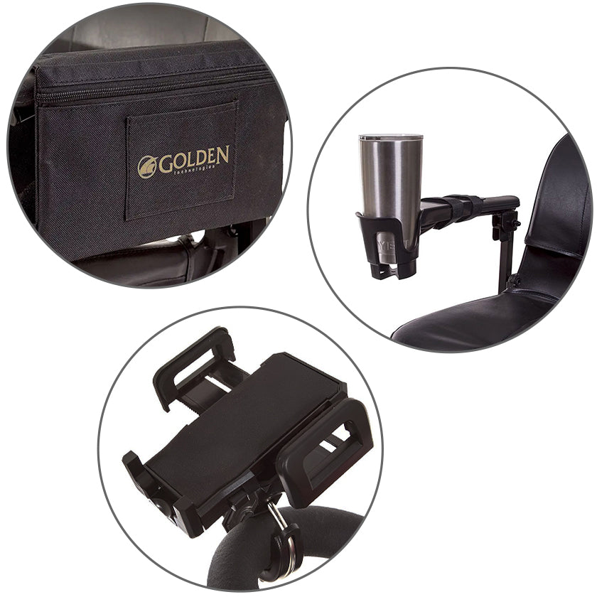 Collage of Golden Accessories products including a black pouch, cup holder, and phone mount.