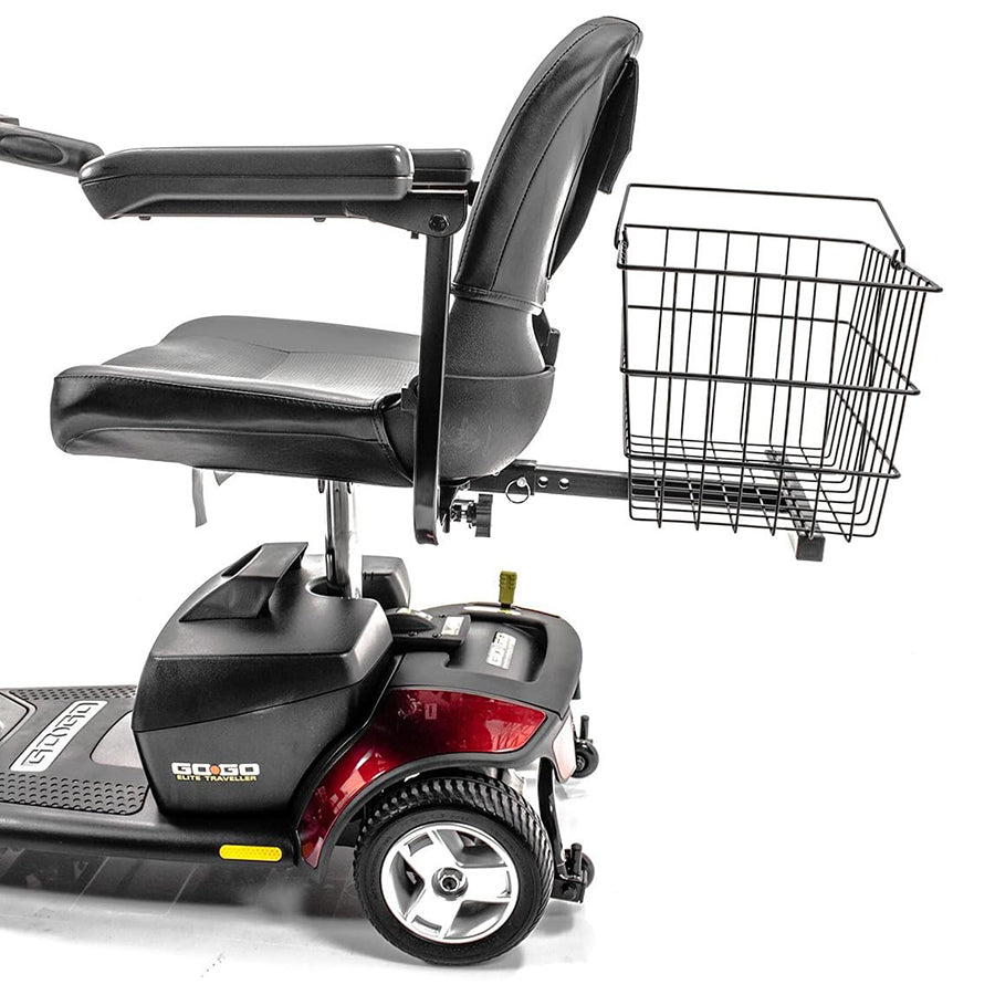Pride Mobility Large Rear Basket on mobility scooter side view